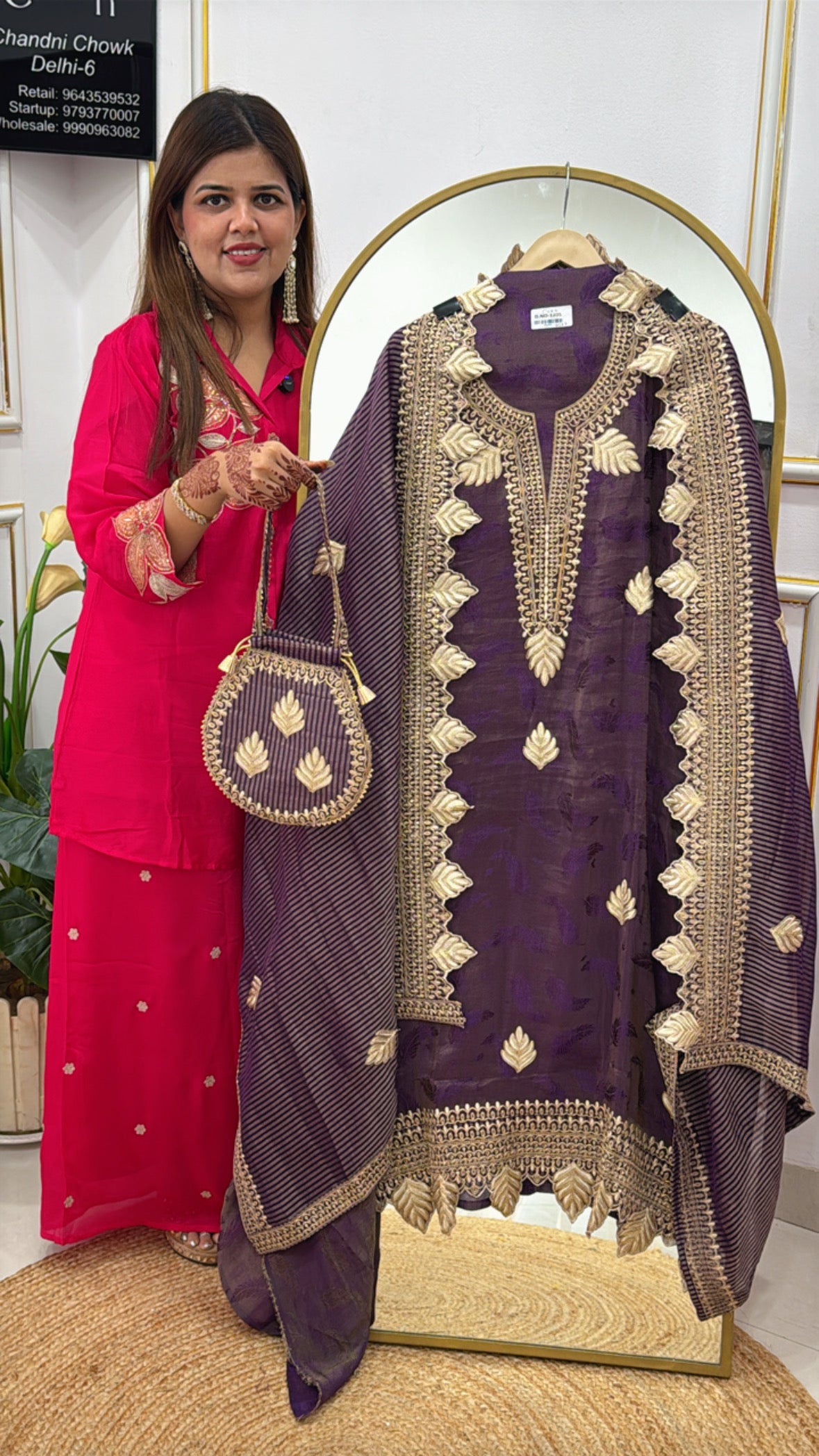 Rakhi Special Designer Silk Suit Material with Weaved Dupatta & Potli GF 382